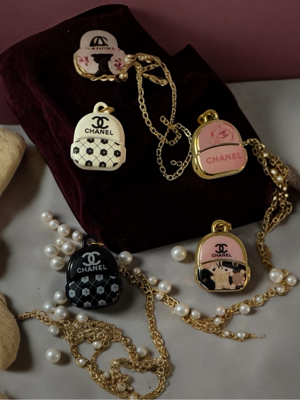 4 Chanel Women’s Mini Backpack Charms Necklace — Pink & Black